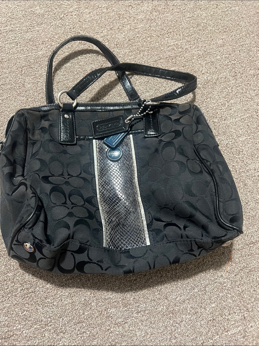 Coach Black Signature Canvas Tote with Metallic Snake-Effect Stripe